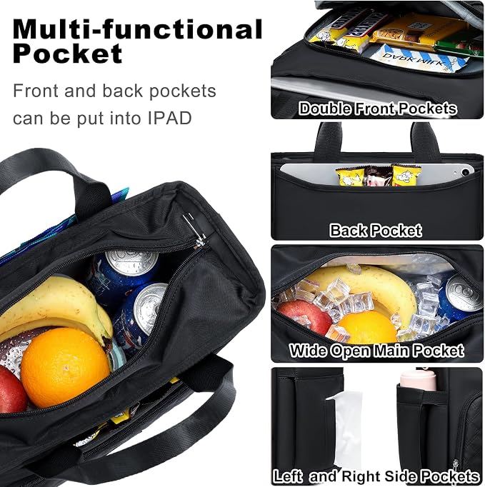 AIJIEKE Large Insulated Lunch Bag for Women Men, Work Lunch Box Tote, Black | Leakproof, durable multi-compartment cooler. Reusable with shoulder strap. Perfect for travel meal prep, picnic, beach
