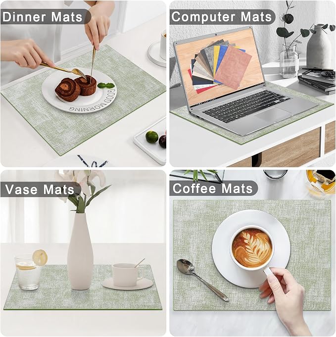 Homaxy Faux Leather Heat Resistant Placemats for Dining Table Set of 4, Waterproof Wipeable Washable PU Table Mats, Easy to Clean Anti-Slip Place Mats, 11.8" x 17", Grass Green