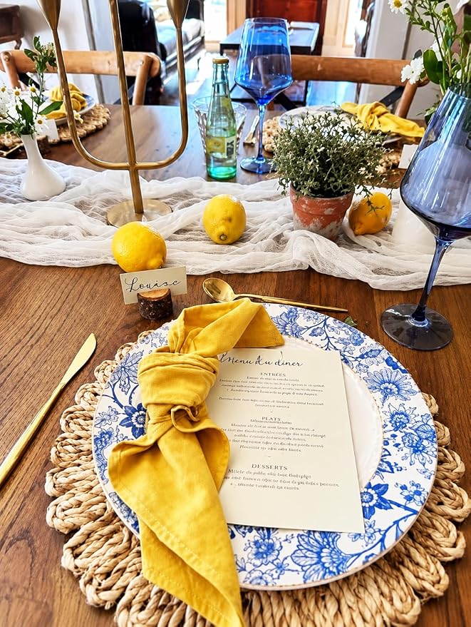 13.8" Set 4 Round Corn Husk Placemats | Boho Woven Rattan Table Mats | Natural Spring Farmhouse Plate Chargers | Handmade Rustic Wicker Place Mats for Christmas Wedding