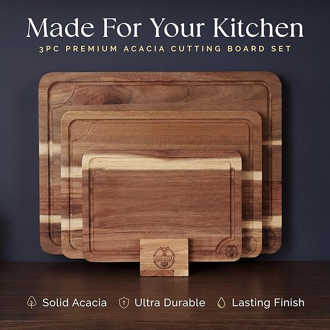 Pre-Oiled, Non Toxic 3-Piece Acacia Cutting Board Set with Stand, FSC Certified Wooden Chopping Boards, Includes 3.4 fl oz Chopping Board Oil, 3 Wood Carving Boards for Home, BBQ Kitchen, Deer & Oak