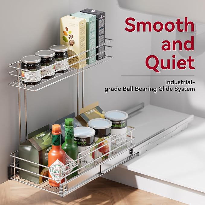Under Sink Organizer 2 Packs, Pull Out Cabinet Organizer 2 Tier, Under Sink Slide Out Organizer Chrome Plated, Under Kitchen Bathroom Sink Organizer, Pantry Cabinet Closet Organization Rack, 9"W X19"D