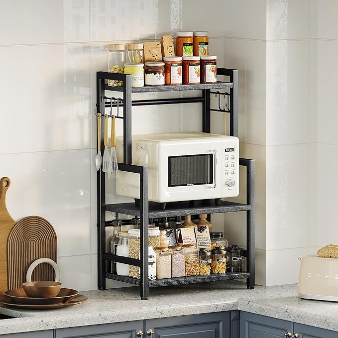 Kitchen Countertop Organizer, 3 Tier Large Spice Rack Organizer with Adjustable Shelf and 5 Hooks, Wooden Counter Organizer, Space Saving Countertop Shelf Microwave Stand for Kitchen,Coffee Bar,Black