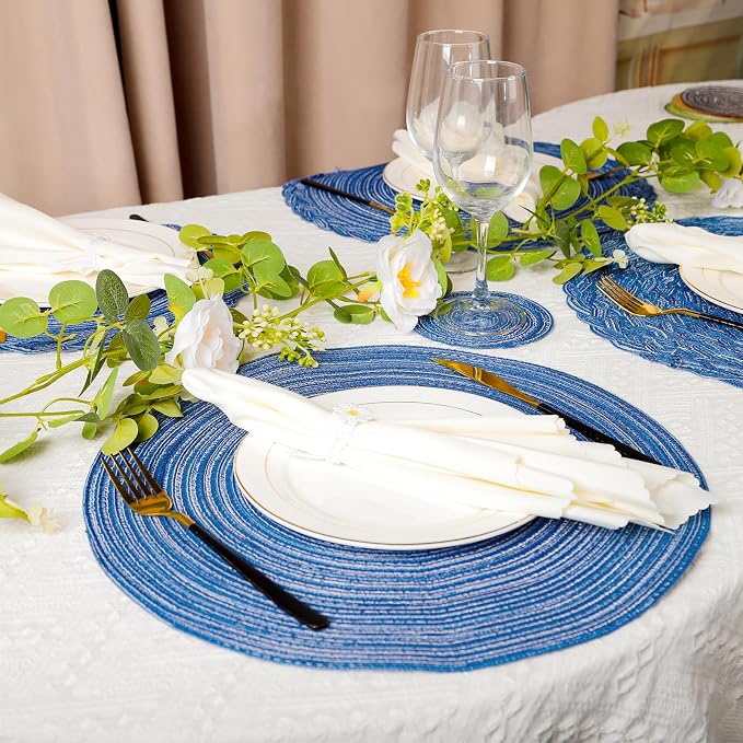15'' Round Woven Placemats Set of 6, Natural Heat Resistant Washable Non-Slip Woven Table Mats -Blue