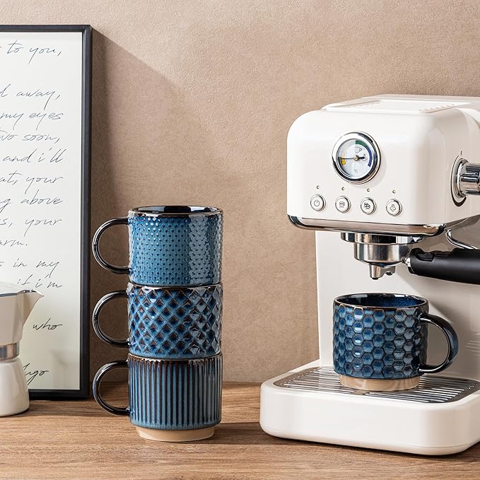 GBhome 12 OZ Stackable Coffee Mugs, Ceramic Coffee Mugs with Texture Patterns for Man,Woman,Dad,Mom, Modern Coffee Mugs Set of 4 for Latte/Cappuccino/Cocoa. Dishwasher&Microwave Safe