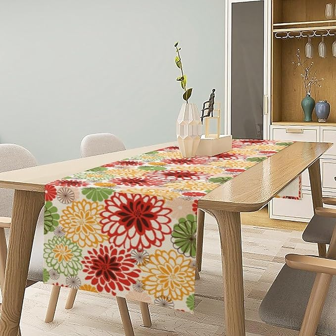 Dahlia Table Runner,Rustic Farmhouse Red Green Floral Modern Art Table Runner for Home Indoor Outdoor Kitchen Holiday Birthday Party Wedding Decor 13x36 Inch