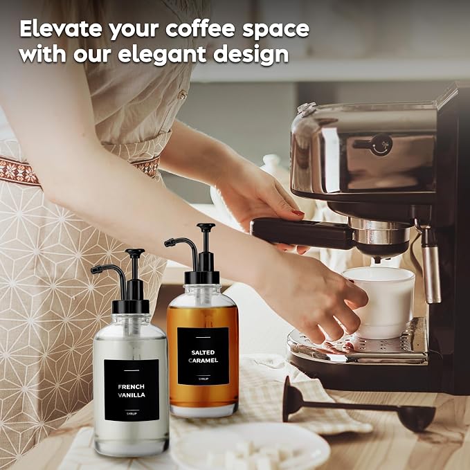 Spaceneat Coffee Syrup Dispenser with Pump - Includes 24 Flavor Labels - Glass Syrup Dispenser for Coffee Bar - Elevate your Beverage Station with 16.9 fl oz Flavoring Container Bottles, 4pcs, Black