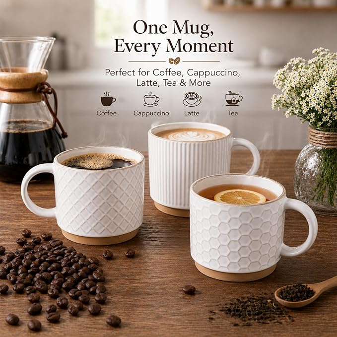 GBhome 15OZ Stackable Coffee Mugs, Ceramic Coffee Mugs with Texture Patterns for Man,Woman,Dad,Mom, Modern Coffee Mugs Set of 4 for Latte/Cappuccino/Cocoa. Dishwasher&Microwave Safe, Off White