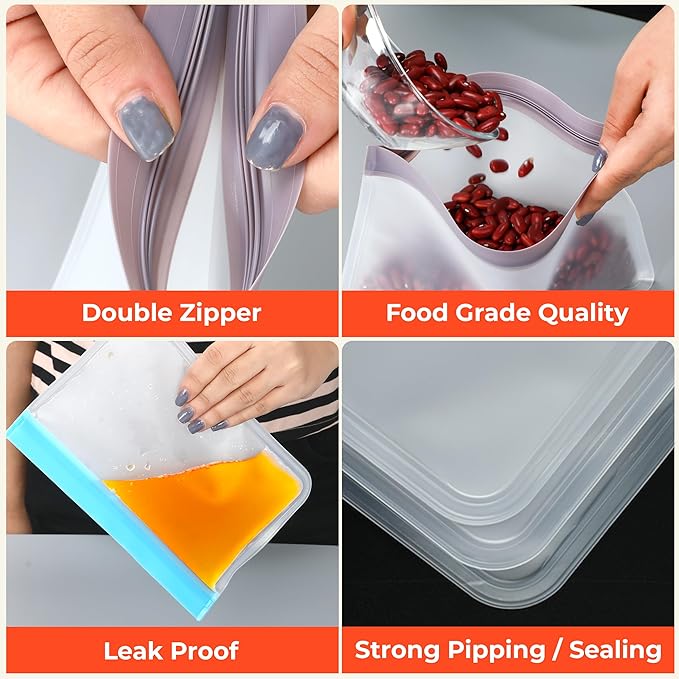 5 Pack Reusable Gallon Storage Bags, BPA Free Leakproof Food Storage, Dishwasher Safe Silicone-Free Freezer Bags