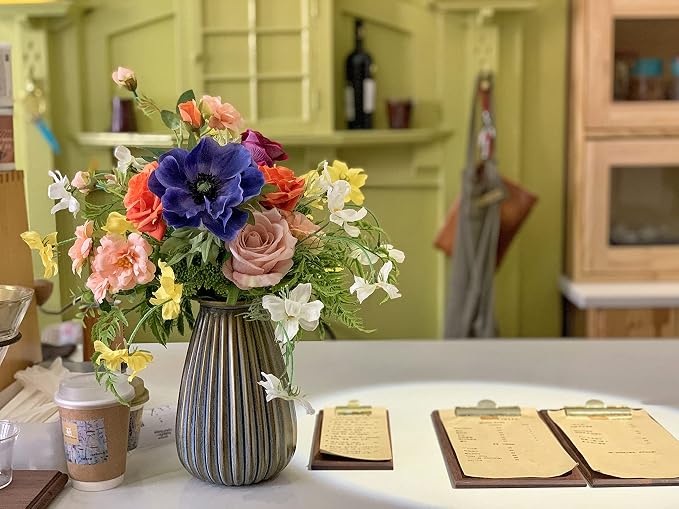 Artificial Faux Flowers in Vase, Silk Flower Arrangement Artificial Floral Centerpiece, Table Centerpieces for Dining Room Home Decor Valentine's Day Gift (Spring)