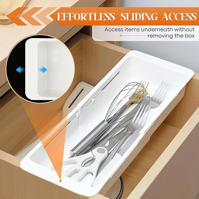 2 Pack Deep Drawer Organizer Bins, Sliding Drawer Organizer Bin Expandable and Adjustable Tray for Kitchen Utensils, BBQ Tools, Towels, Durable Plastic Sliding for Easy Storage(12.4-17.7")
