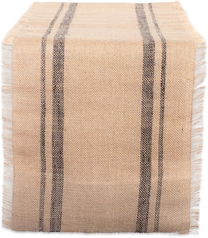 DII Jute Burlap Collection Kitchen Tabletop, Table Runner, 14x108, Double Border Gray