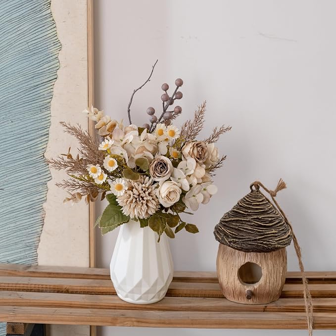 Small Fake Silk Flowers Bouquet with Vase, Faux Centerpieces with Roses, Dandelions, Hydrangea, Daisies, Eucalyptus, Hollyberries - Artificial Floral Arrangements for Home Kitchen Decor