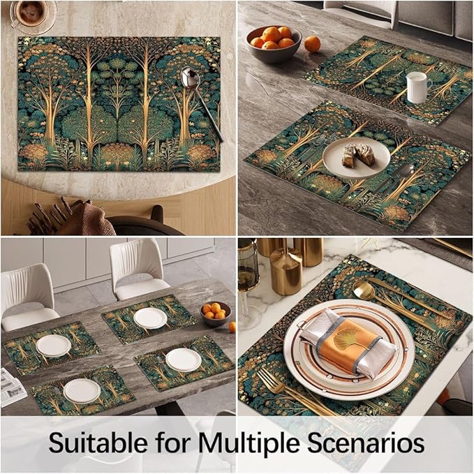 Vintage William Morris Placemats Set of 4 Whimsical Forest Landscape Washable Heat Resistant Place Mats for Dining Table Rustic Woodland Tree Botanical Woven Wipeable Kitchen Table Mats