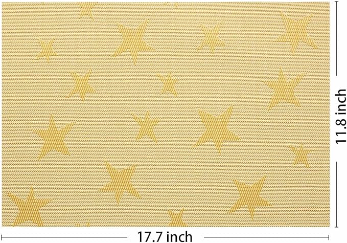AHHFSMEI Placemats Set of 6 Washable Woven Vinyl Placemats for Dining Table Heat Resistant Non-Slip Stain Resistant Table Mats for Kitchen & Home Decor(Gold Star,6)