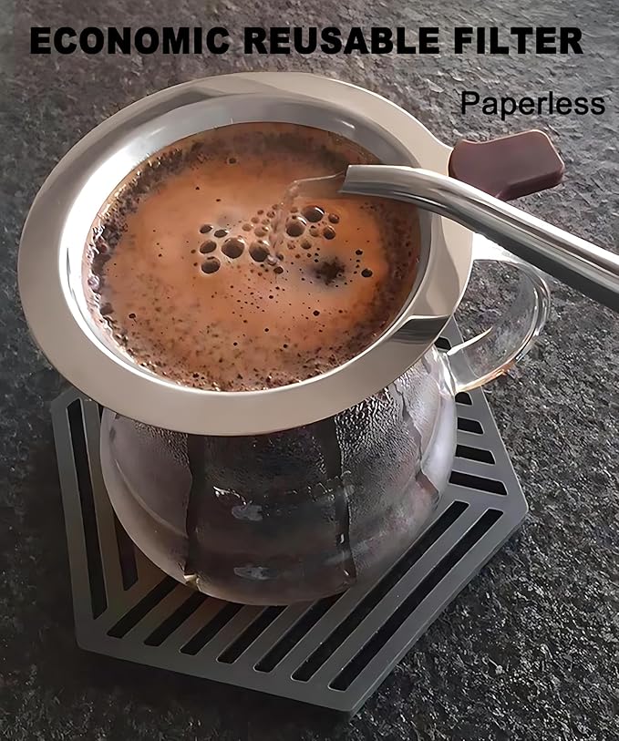 Pour Over Coffee Dripper - 304 Stainless Steel Filter, Paperless & Reusable Dual-Layer Metal with Base, 800 Mesh Steel Cone Filter, for 1-6 Cups Brew Coffee Maker (Brown)