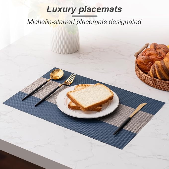 CADONO Placemats Set of 4 Washable Indoor/Outdoor Vinyl Place Mats for Dining Table Durable Non-Slip Heat Resistant PVC Weave Table Mats（Classical Style-Blue）