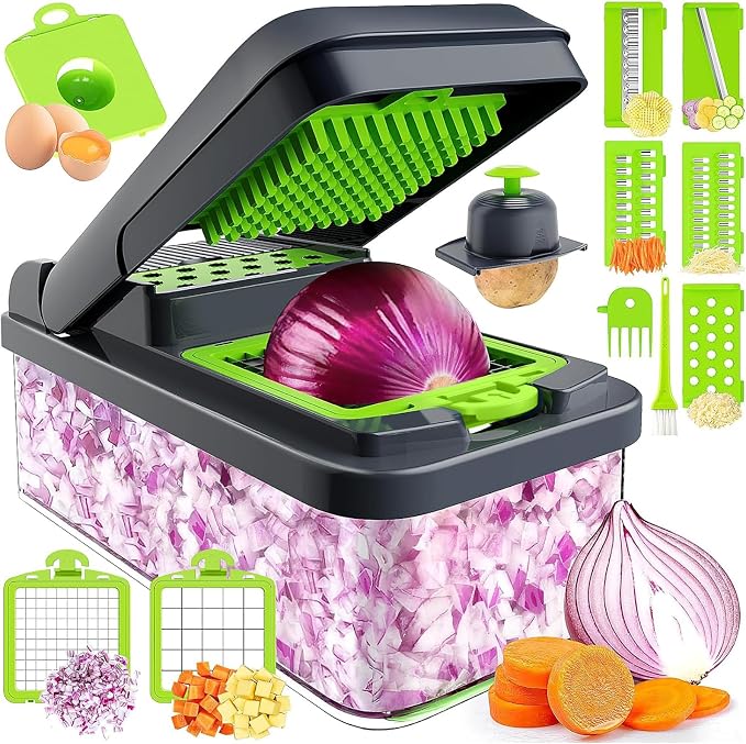MealHelper 12-in-1 Vegetable Chopper, 7 Blade Veggie Chopper, Practical Food Chopper with Container, Cheese Grater, Home Essentials & Kitchen Gadgets(Green/Grey)
