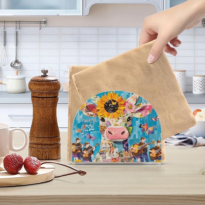 Fustylead Cute Cow with Sunflower Butterfly Napkin Holder for Table Acrylic Vertical Napkin Holders for Paper Napkins Decor Napkin Dispenser for Home Party Dining Cocktail Kitchen Accessories, 2 Pack