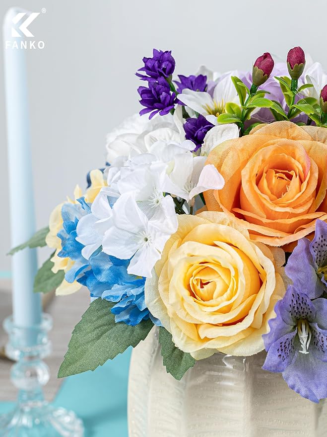 FANKO Artificial Flowers for DIY, Pastel Multicolor Faux Flowers Bouquet, Fake Rose Daisy Lily Hydrangea Silk Flowers for Vase, Home Decor, Garland, Wedding, Birthday, Party, Romantic Celebration