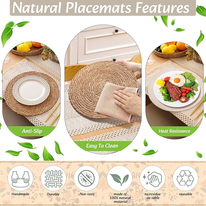 Boho Placemats 4/6/8 Set of Round Woven Placemat Macrame Style Bicolor Stitching Long Table Runner Farmhouse Rustic Natural Burlap Cotton for Kitchen Dining Table(6 Sets,Beige,12x72)