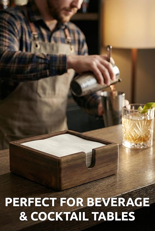 Acacia Cocktail Paper Napkin Holder Square 5.4x5.4 inches, Wood Flat Napkin Tray, Cocktail Napkin Caddy For Kitchen Décor, Restaurant Countertop Bar Accessories