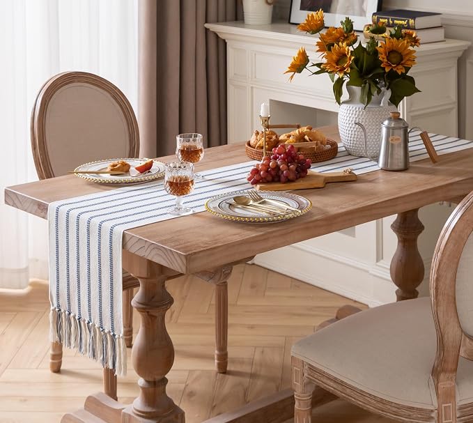 Caflife Boho Table Runner 72 Inchs Long Blue and Beige, Cotton and Linen Woven with Tassels, for Modern Rustic Farmhouse Neutral Table Runners, Bohemian Kitchen Dining Table Home Decor