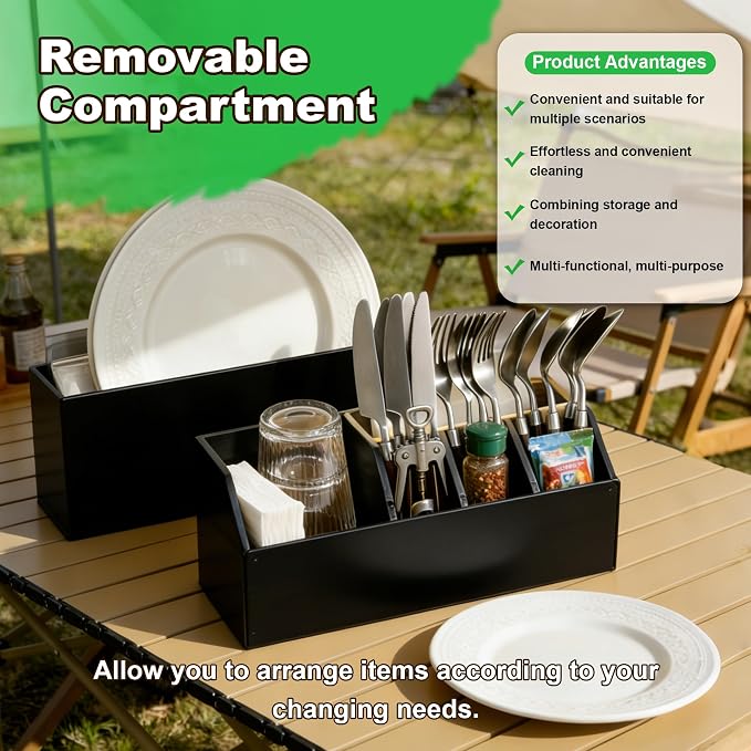 Large Kitchen Utensil Holder Caddy, 6 Compartments Wooden Utensils Organizer for Cooking Utensils, Silverware, Paper Plate, Spoon, Fork, Cutlery Storage on Kitchen Countertop for Party Hosting-Black