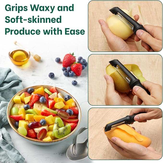 Beneno Serrated Swivel Vegetable Peeler for Kitchen | Razor-Sharp Stainless Steel Serrated Blade, Soft Grip Handle, Dishwasher Safe, Ideal for Tomatoes, Peaches & Kiwis, Black