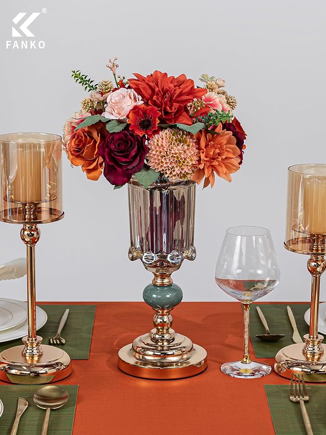 FANKO Artificial Flowers for DIY, Burgundy Burnt Orange Blush Pink Faux Flowers Bouquet, Fake Rose Poppy Dahlia Daisy Silk Flowers for Vase, Home Decor, Celebrations, Summer Wedding, Birthday, Party