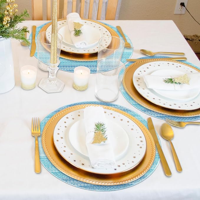 Niviy Round Placemats, Placemats Set of 4, 15 Inch Washable Place Mats Easy to Clean Heat Resistant Table Mats Wipeable Placemat for Holiday Party Kitchen Dining Table Decoration, Blue