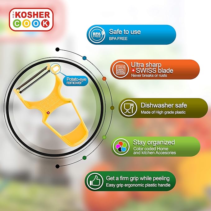 The Kosher Cook Y Vegetable Peeler - Heavy Duty, Ultra Sharp Stainless Steel Blade - Swiss Peeler - Ergonomic Plastic Handle - Color Coded Kitchen Tools - Yellow