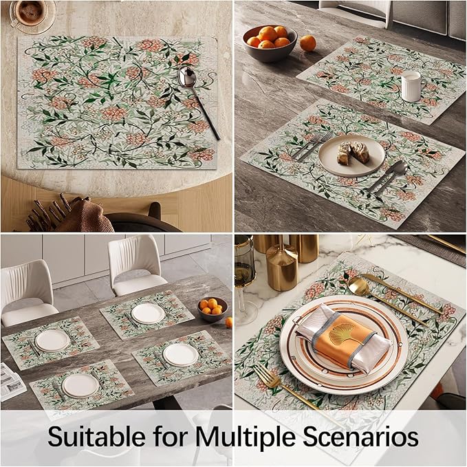 Boho Botanical Placemats Set of 4 Vintage William Morris Washable Heat Resistant Place Mats for Dining Table Rustic Nature Cottagecore Linen Woven Wipeable Kitchen Table Mats 11.8"X17.7"