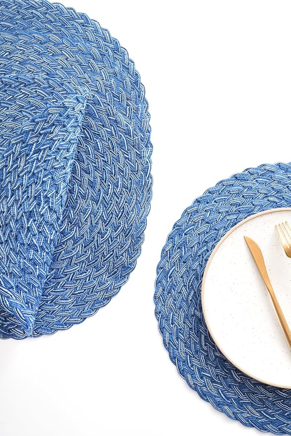 Floroom 15 Inch Round Braided Placemats Set of 4, Washable Heat Resistant Cotton Polyester Circle Boho Place Mats for Kitchen Dining Table - Seascape Blue