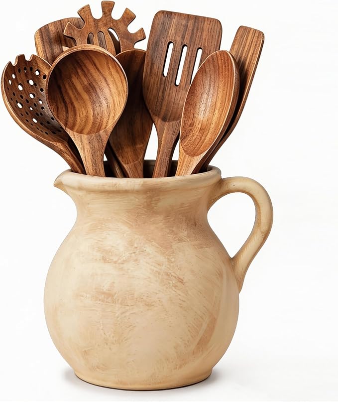 Rustic Kitchen Utensil Holder, 7.3'' Ceramic Vintage Utensil Crock for Counter, Farmhouse Utensil Crock Countertop Organizer for Spatulas Spoons Cooking Tools, Modern Home Kitchen Decor (Light Clay)