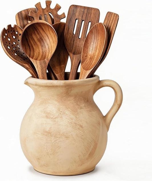 Rustic Kitchen Utensil Holder, 7.3'' Ceramic Vintage Utensil Crock for Counter, Farmhouse Utensil Crock Countertop Organizer for Spatulas Spoons Cooking Tools, Modern Home Kitchen Decor (Light Clay)