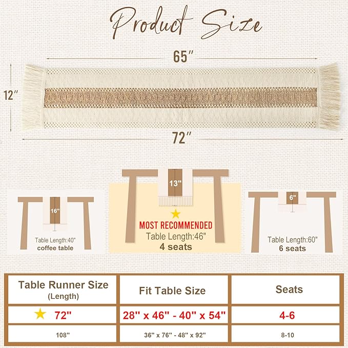 OurWarm Macrame Table Runner Farmhouse Style, Natural Burlap Boho Table Runner Modern Farmhouse Decor Rustic Woven Cotton Crochet Lace for Bohemian, Rustic,Bridal, Shower Wedding, Dinner, 72" x 12"