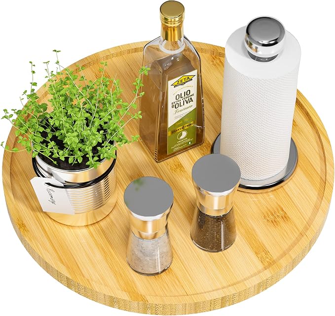 Lazy Susan Organizer, 13.2 Inch Non-Skid Bamboo Lazy Susan for Kitchen Table cabinets Closets and Kitchen Islands, Wood Turntable for Kitchen Countertop Organizer