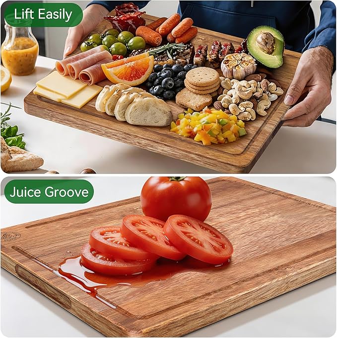 Acacia Wood Cutting Board Set of 3 – Non-Toxic & Pre-Oiled Cutting Boards for Kitchen, Chopping Boards with Holder, Juice Groove, Reversible Serving Board, Labeled Icons for Meat Cheese Vegetables