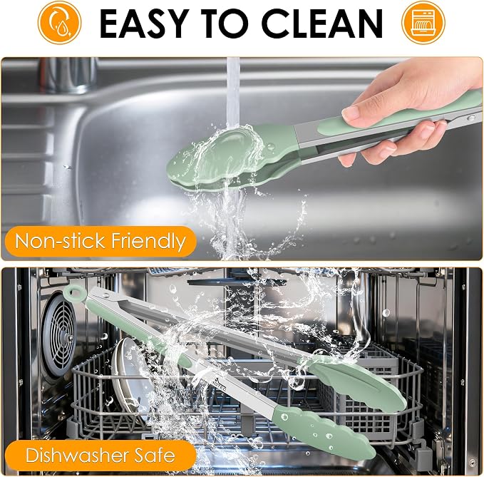 HOTEC Premium Stainless Steel Locking Kitchen Tongs with Silicon Tips, Set of 3-7", 9" and 12" (Light Green)