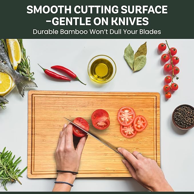 Bamboo Cutting Board for Kitchen - 17" Large Wooden Cutting Board, Heavy Duty Chopping Board with Side Handles, Deep Juice Groove, Reversible Charcuterie & Cheese Board for Meat and Serving