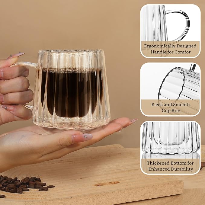 Joeyan Double Walled Glass Coffee Mugs,Latte Cappuccino Tea Cups with Handle,Insulated Borosilicate Espresso Shot Cups,Glass Milk Creamer Pitcher Frothing Cup Hot Beverage Glassware,8.5 oz,Set of 2