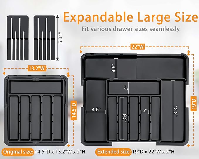 Homecor Silverware Organizer - Expandable Large Kitchen Drawer Organizer Utensil Organizer with 2 Removable Knife Blocks, 22"x 19"Cutlery Tray Drawer Dividers for Kitchen Flatware(6-9 Slots) (Black)