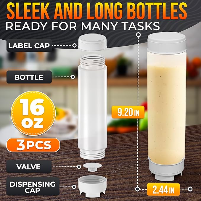 Set of 3 Inverted Condiment Squeeze Bottles 16 oz – Leakproof Clear Sauce Bottles Squeeze with Self-Closing Valve and Sealing Gaskets – Easy-Fill for Ketchup, Mustard, BBQ, Dressings | Kitchen Use