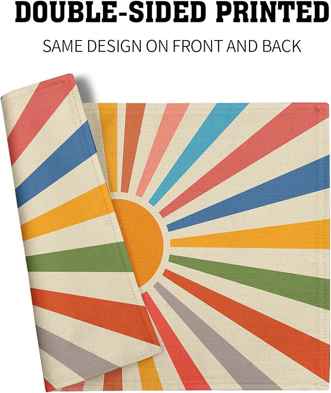 Colorful Boho Placemats Set of 4 Rustic Retro Rainbow 70s Sun Linen Washable Kitchen Dining Table Mats Stain Heat-Resistant Desktop Decor Place Mats for Home Party Indoor 12x18 in