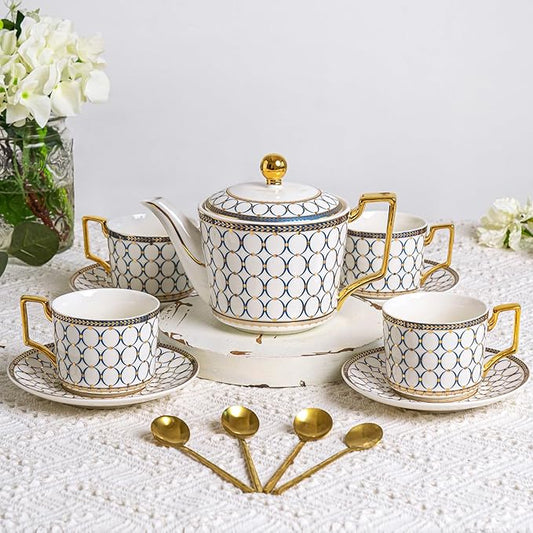 CwlwGO-7 Oz Bone China Blue Tea Cup and Saucer Service for 4,Afternoon Porcelain Tea Set with Teapot,Tea Sets For Women Tea Party.