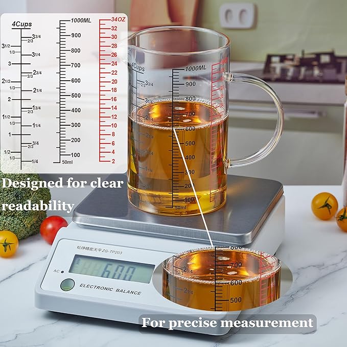 Ackers BORO3.3 Glass Measuring Cup-[Insulated handle | V-Shaped Spout]-Made of High Borosilicate Glass Measuring Cup for Kitchen or Restaurant, Easy to Read, 1000 ML (32 Oz, 4 Cup)