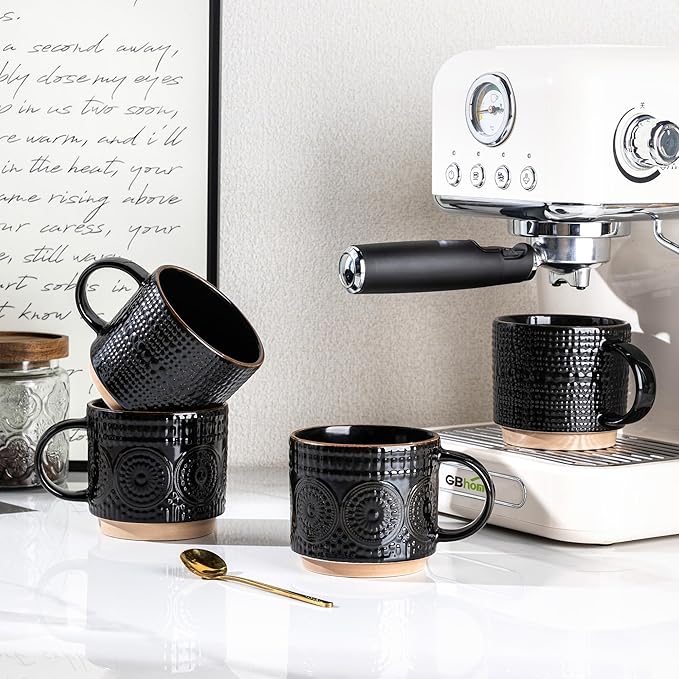 GBhome 12OZ Stackable Coffee Mugs, Ceramic Coffee Mugs with Texture Patterns for Man,Woman,Dad,Mom, Modern Coffee Mugs Set of 4 for Latte/Cappuccino/Cocoa. Dishwasher&Microwave Safe