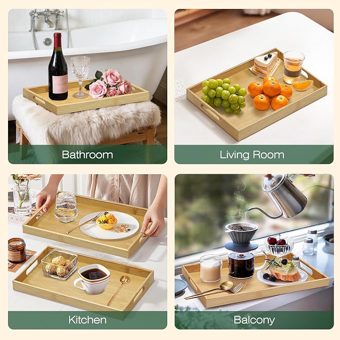Bamboo Serving Tray with Handles, 13x8.7 Inch Rectangular Breakfast Tray for Eating on Couch or Bed, Modern Decorative Coffee Table Trays for Serving Food, Drink and Fruit