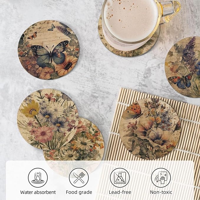 Boho Floral Vintage Flower 6 Pcs Coaster Set with Holder Round Ceramic Coasters Pretty Romantic Blossom Daisy Butterfly Absorbent Cup Drink Coasters Set for Modern Coffee Table Bar Wine Beer Protect