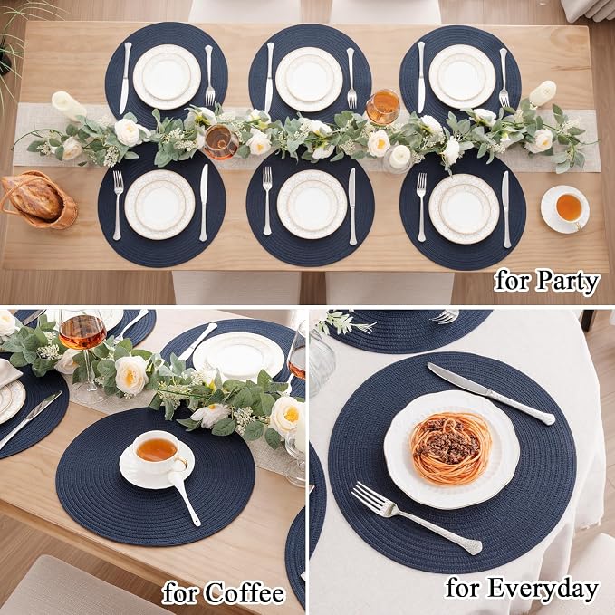 SHACOS 15 inch Round Placemats Set of 12 for Dining Table Braided Circle Place Mats Kitchen Table Placemat Washable Table Mats, Navy Blue